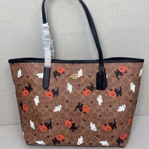 Coach City Tote In Signature Canvas With Halloween Print